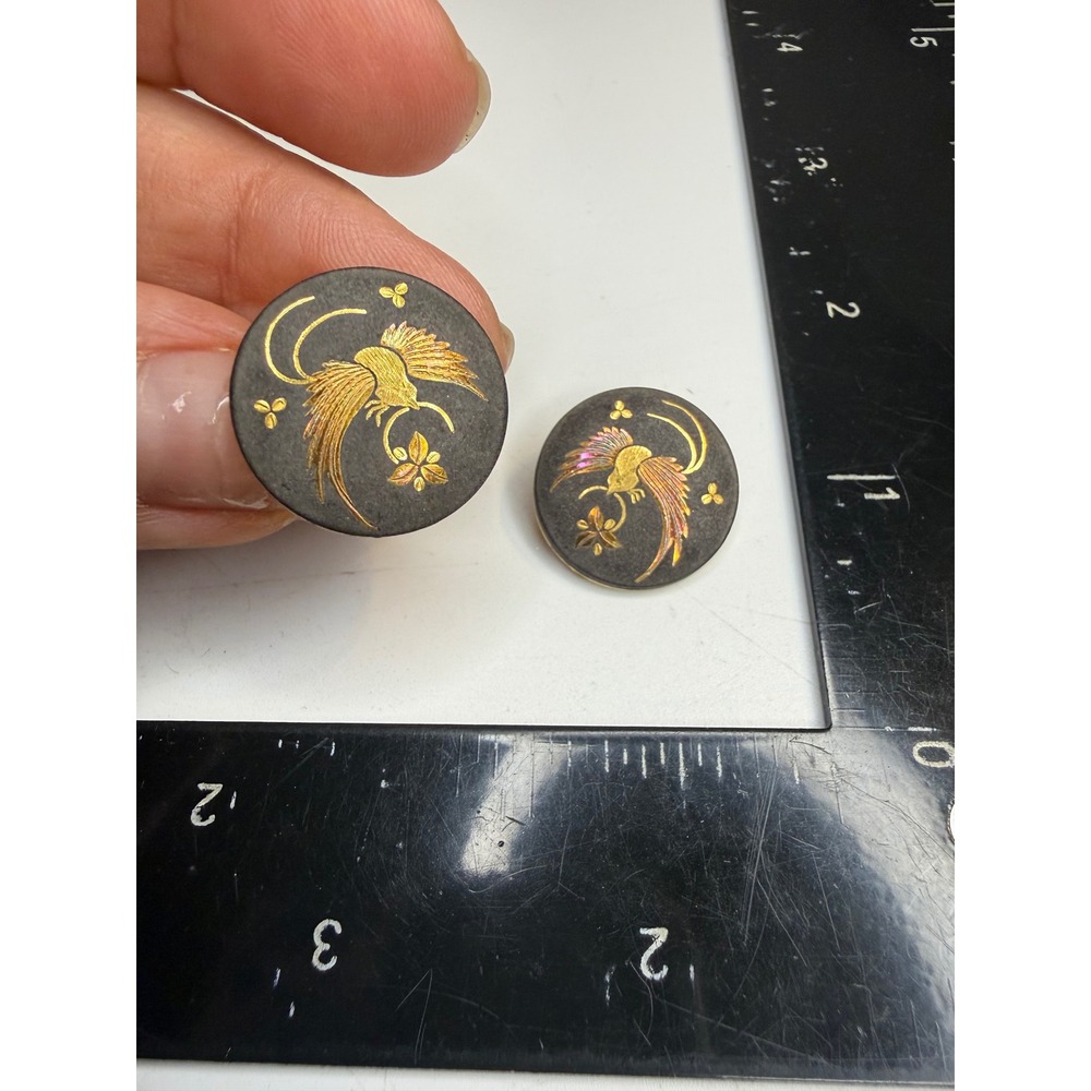 Vintage Amita Japan Damascene Phoenix Bird Clip On Earrings Gold Silver Inlay